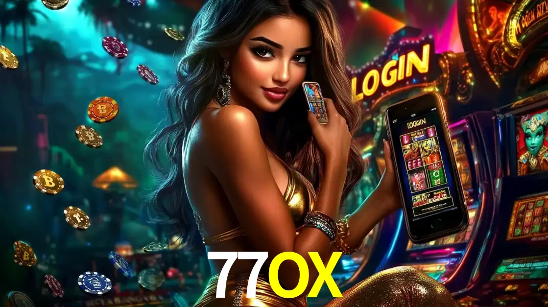 Mulher em um cenário de cassino temático de aventura, mostrando o app de caça-níqueis da 77OX no celular. Fichas de apostas flutuam ao redor.