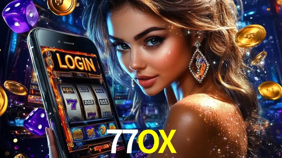 Mulher glamorosa segurando um smartphone com a tela de login para os jogos de caça-níqueis do cassino online 77OX, com moedas de ouro e dados ao redor.
