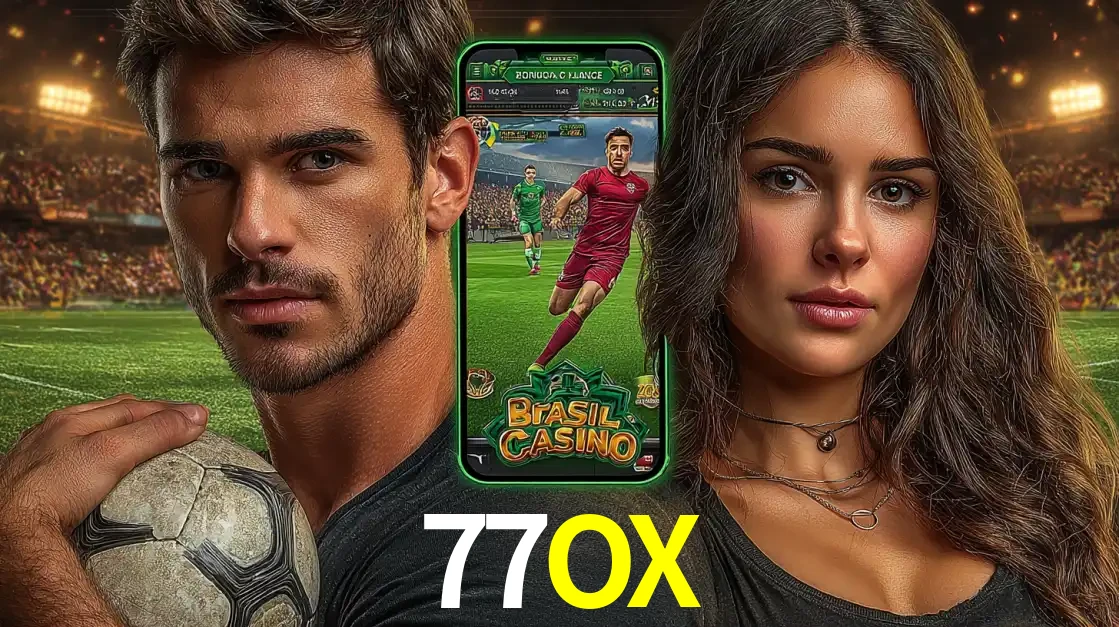 Homem segurando uma bola de futebol e uma mulher ao lado de um smartphone exibindo o jogo de apostas esportivas da 77OX. Faça seu palpite no cassino online.